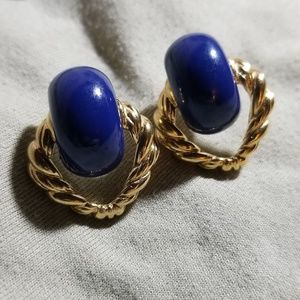Trifari vintage goldtone & deep blue earrings